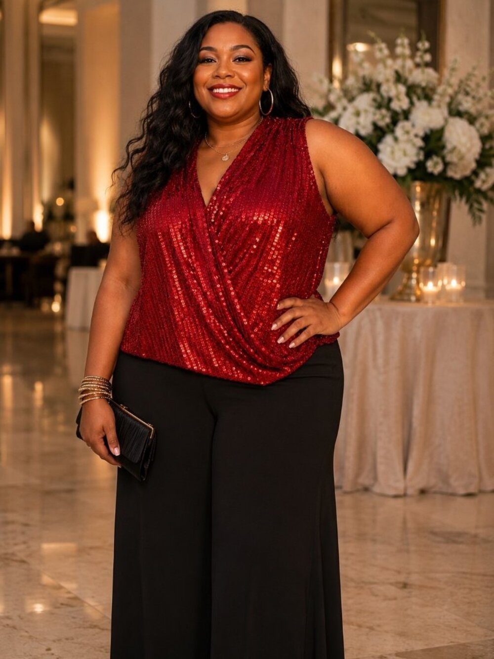 Calvin Klein Women's 3X Red Sequin Wrap Top Plus Size Sleeveless Party Cocktail